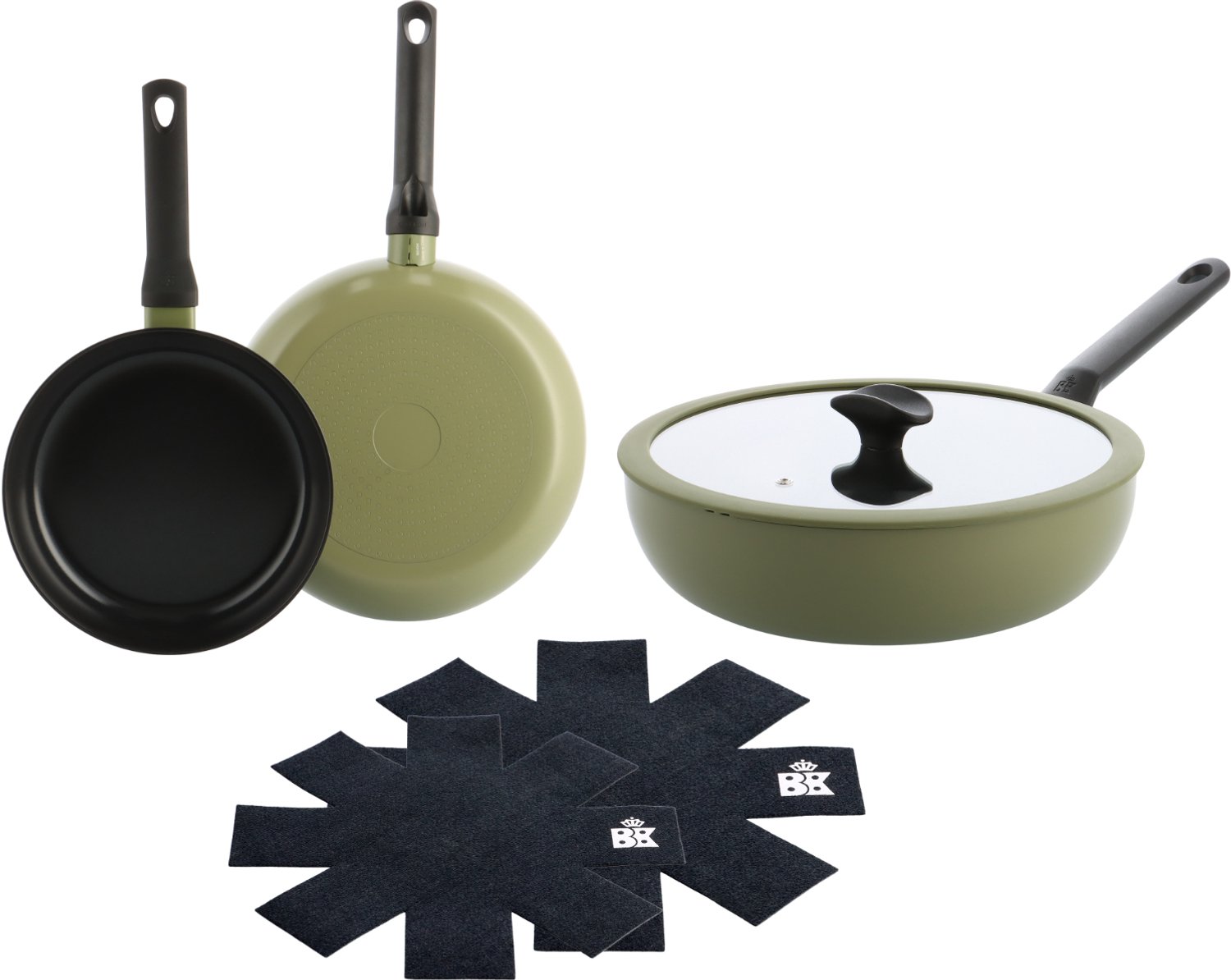 BK Enjoy Pannenset 3-delig - Koekenpan 24/28cm - Wokpan met deksel 28cm/4.2L - PFAS-vrije antikleeflaag - Pannenset inductie - Keramische pan - Ovenbestendig tot 160°C - Koudgrepen - Met Pan protectors - Olijfgroen