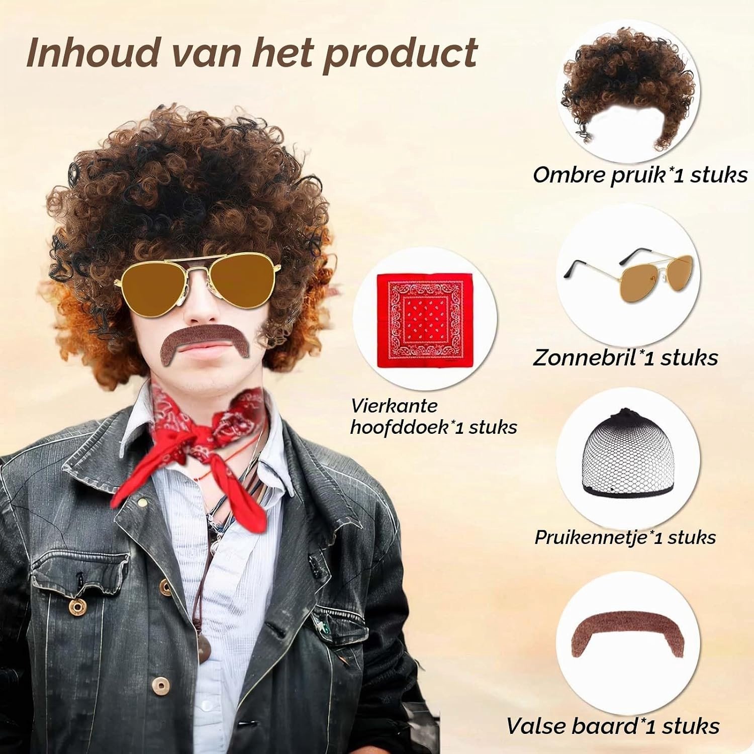 Afro Peruk voor Mannen en Vrouwen - 70s en 80s Kostuum voor Carnaval, Disco en Halloween met Accessoires