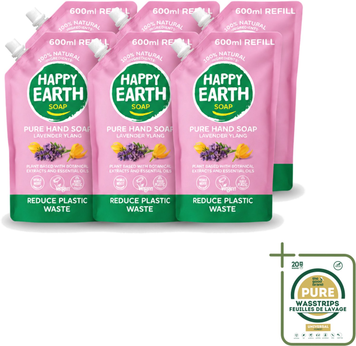 6 x Happy Earth – Handzeep Navulling – 100% Natuurlijk Lavender Ylang – 600 ml - Wasstrips - Handzeep Navulling - Natuurlijke Handzeep - Vegan Handzeep - Lavendel Handzeep - Ylang Handzeep
