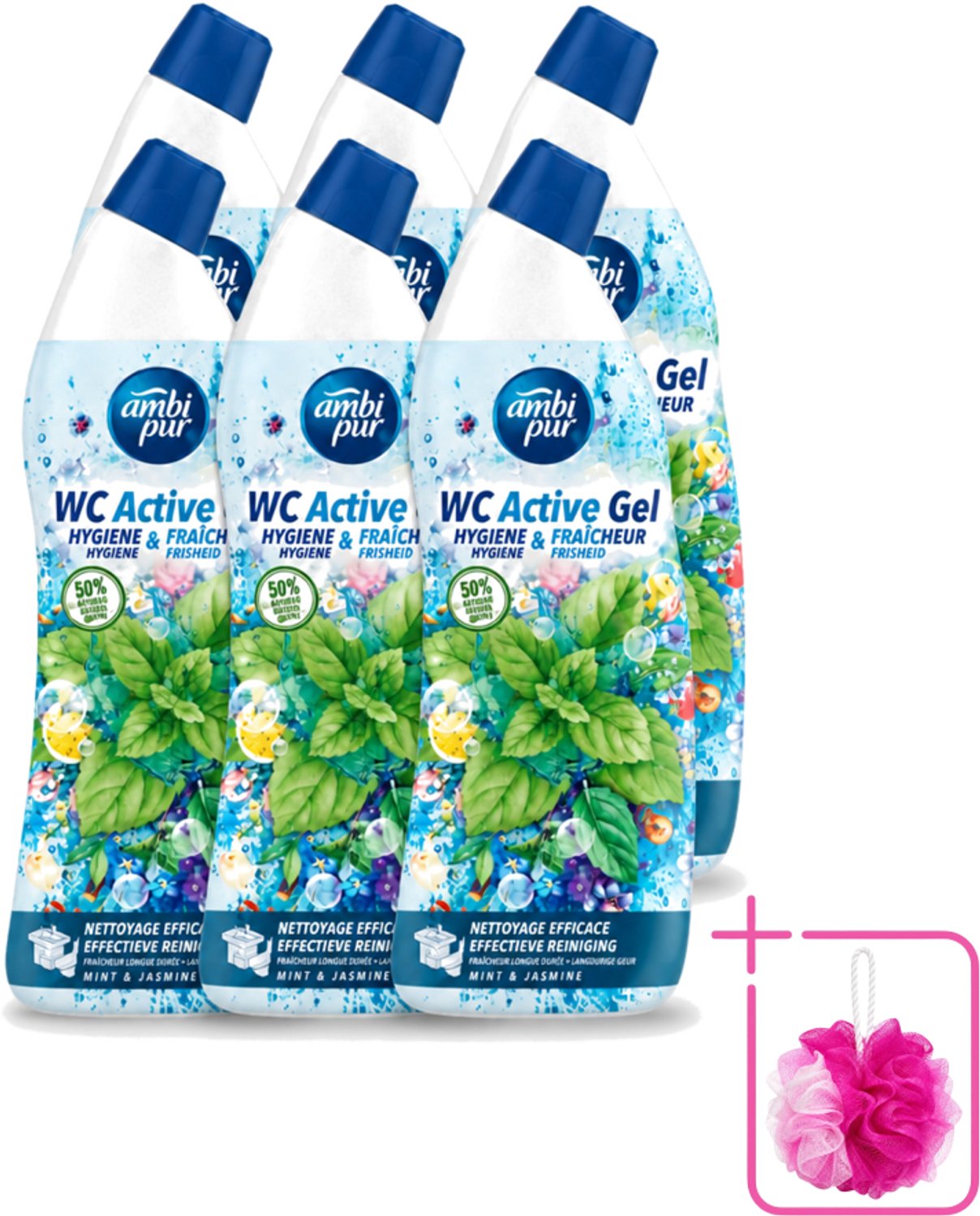 6 x Ambi Pur - Toiletreiniger - WC Active Gel - Mint & Jasmijn - 750 ml - Bulkverpakking - Toiletreiniger - Douchemop - Wc reinigen