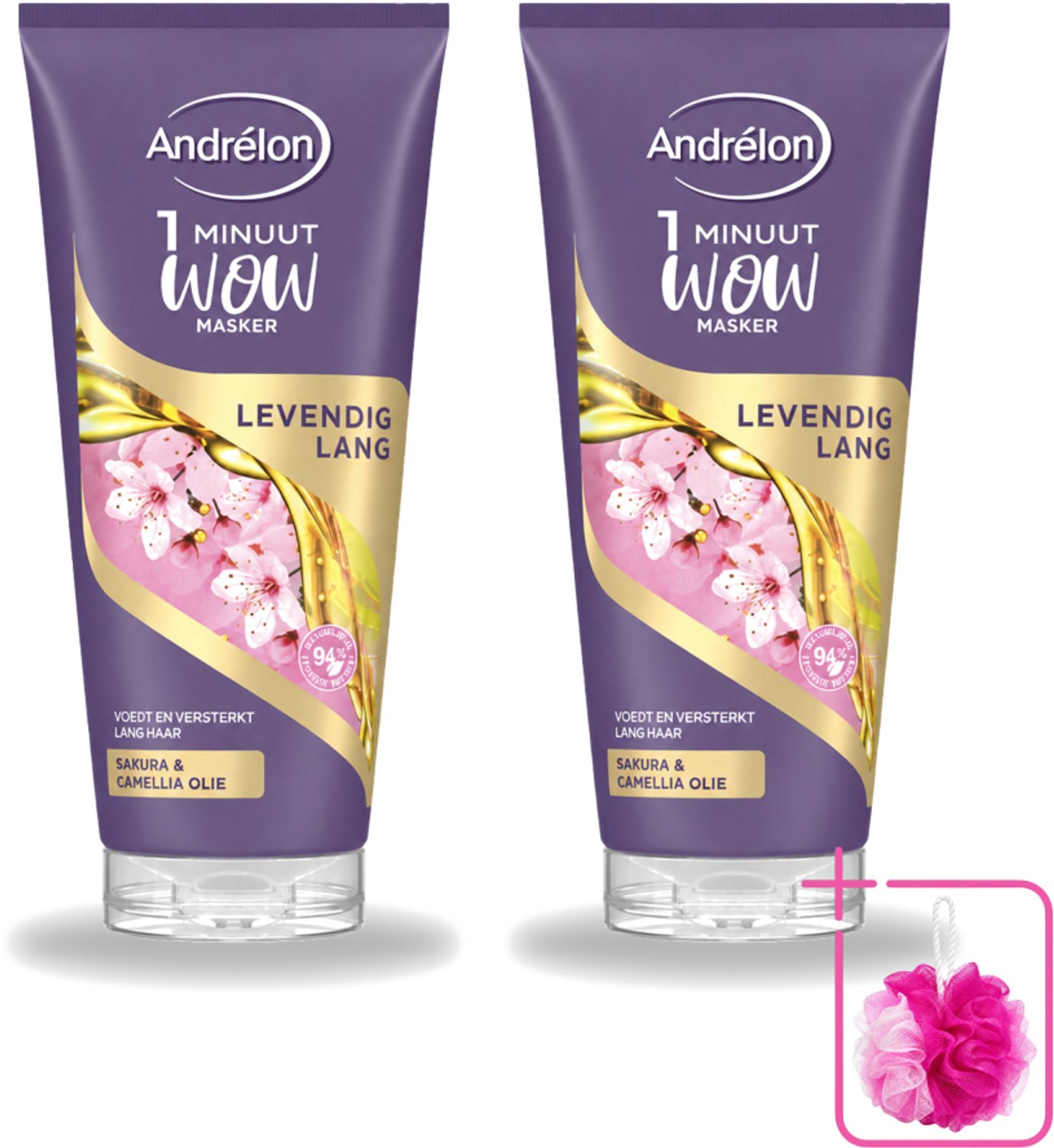 2 x Andrélon - WOW - Masker - Levendig Lang - 180 ml - Bulkverpakking - Haarmasker - Douchemop - Lang haar