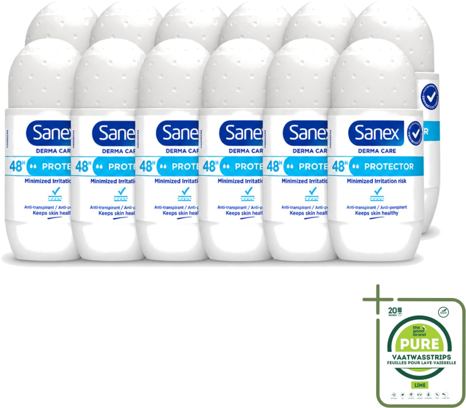 12 x Sanex – Deodorant Roller – Dermo Protector – 53 ml - Grootverpakking - Vaatwasstrips - Deodorant Roller - Huidbescherming - Zweetbehandeling - Geurvervoeging - Mineralen