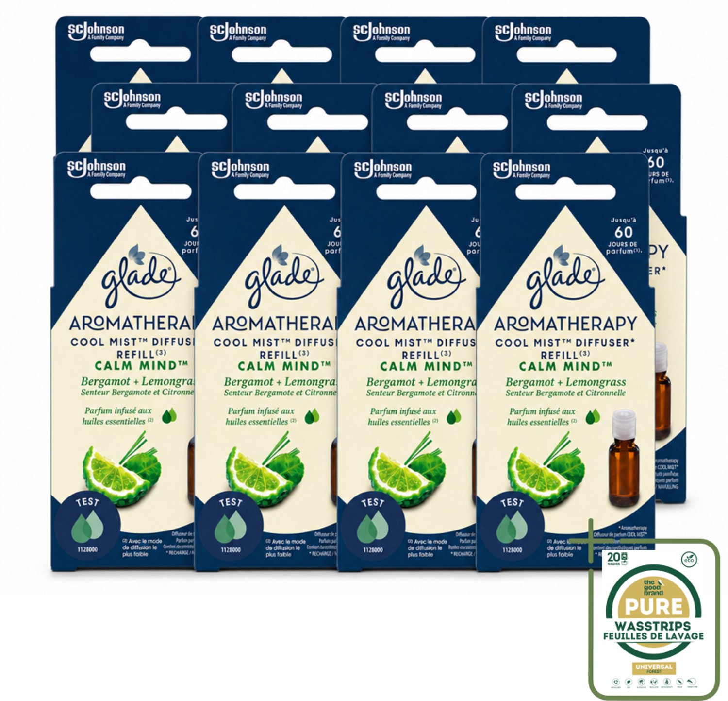 12 x Glade – Aromatherapy Mist Diffuser Navulling – Calm Mind – 17,4 ml - Wasstrips - Aromatherapie - Ontspanning - Luchtverfrisser - Bergamot - Citroengras