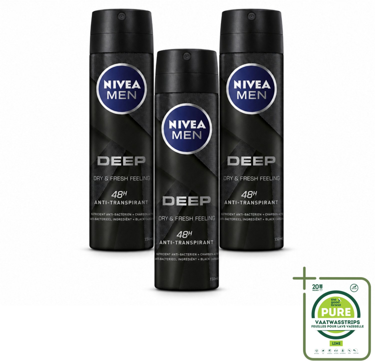 3 x NIVEA MEN – Deodorant spray – Deep – 150 ml - Grootverpakking - Anti-transpirant Spray - Zweetgeur - Droge Huid - 48 Uur Bescherming - Black Carbon