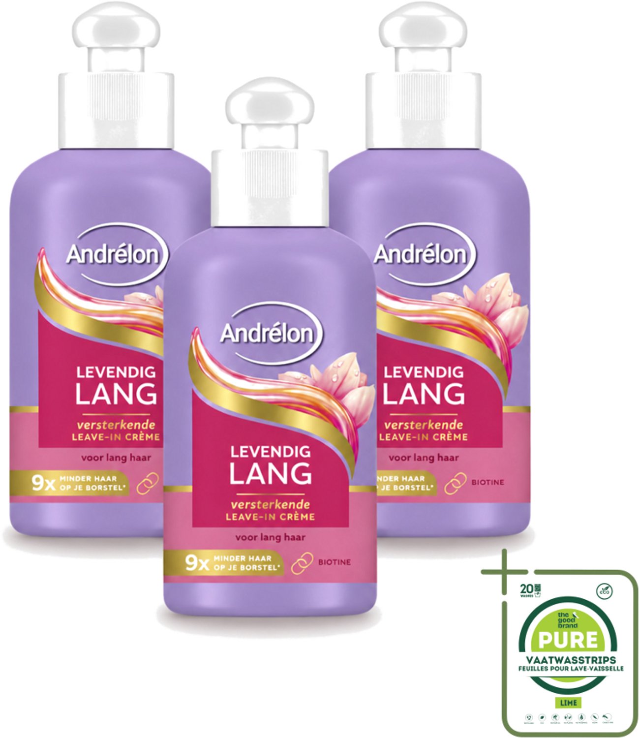 3 x Andrélon – Leave-In Crème – Levendig Lang – 200 ml - Grootverpakking - Vaatwasstrips - Haarbescherming - Haarversterking - Haarbreuk - Biotine - Lang Haar