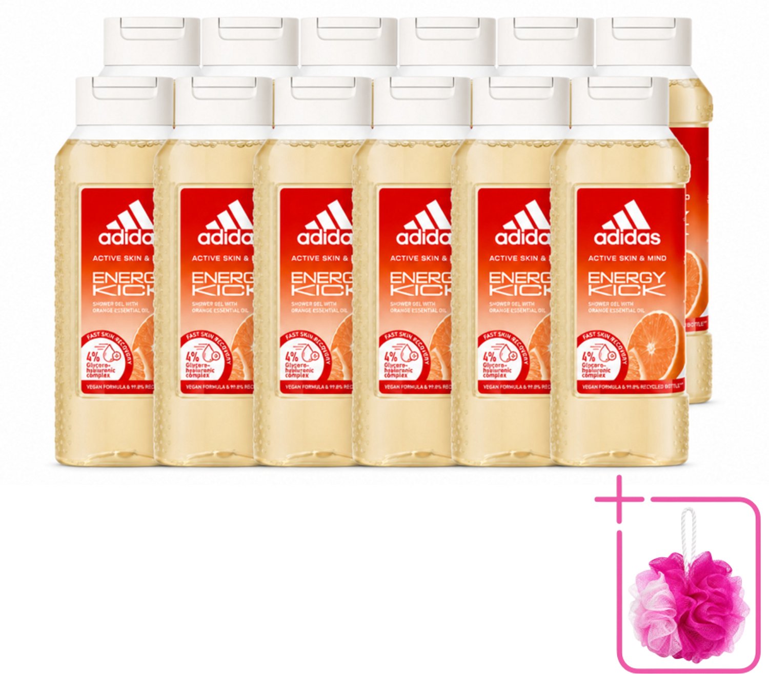 12 x Adidas – Douchegel – Active Skin & Mind Energy Kick – 250 ml - Bulkverpakking - Energie - Douchemop - Sport