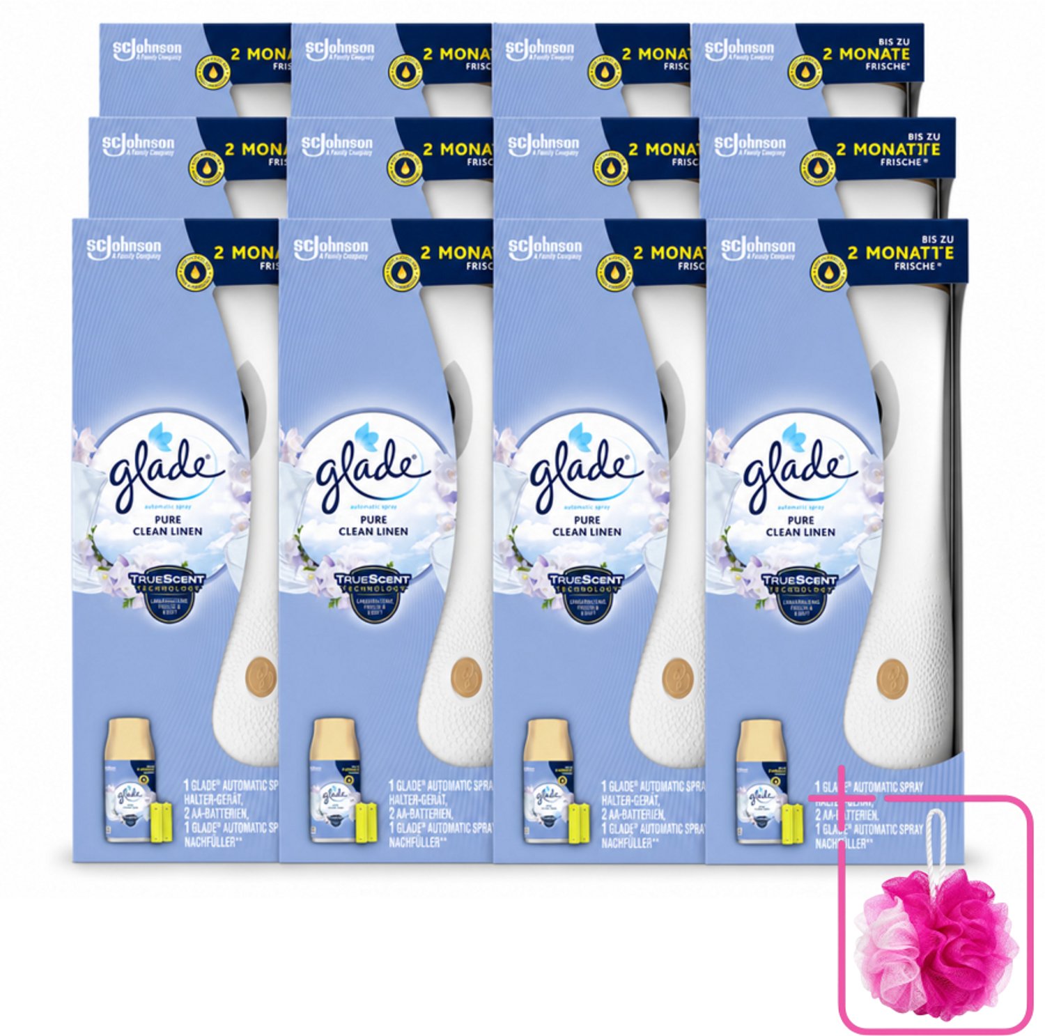 12 x Glade - Startset Automatische Spray - Pure Clean Linen - 269 ml - Bulkverpakking - Geur versgewassen linnengoed - Douchemop - Geur Pure Clean Linen
