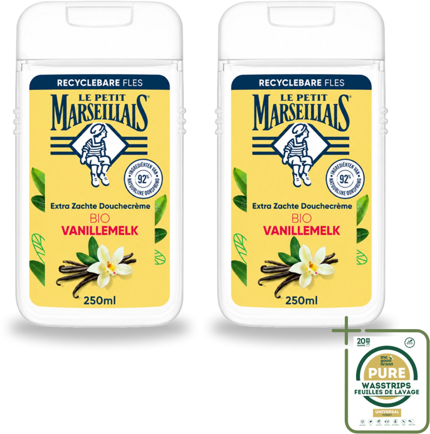 2 x Le Petit Marseillais – Douchecrème – Lait de Vanille Bio – Extra zacht – 250 ml - Wasstrips - Douchecrème - Vanille - Bio - Zachte Douchecrème - Huid Verzorging