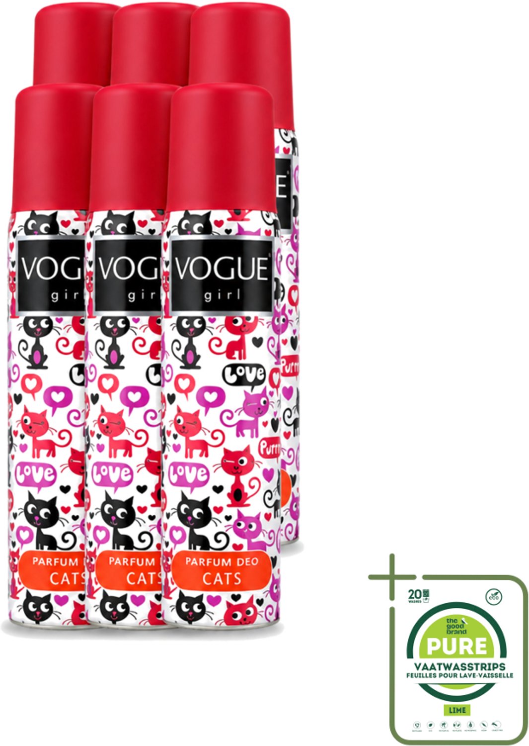 6 x Vogue - Deodorant - Girl - Parfum Cats – 100 ml - Grootverpakking - Parfum Deodorant - Chocolade Geur - Jasmijn Geur - Body Mist - Deodorant Spray