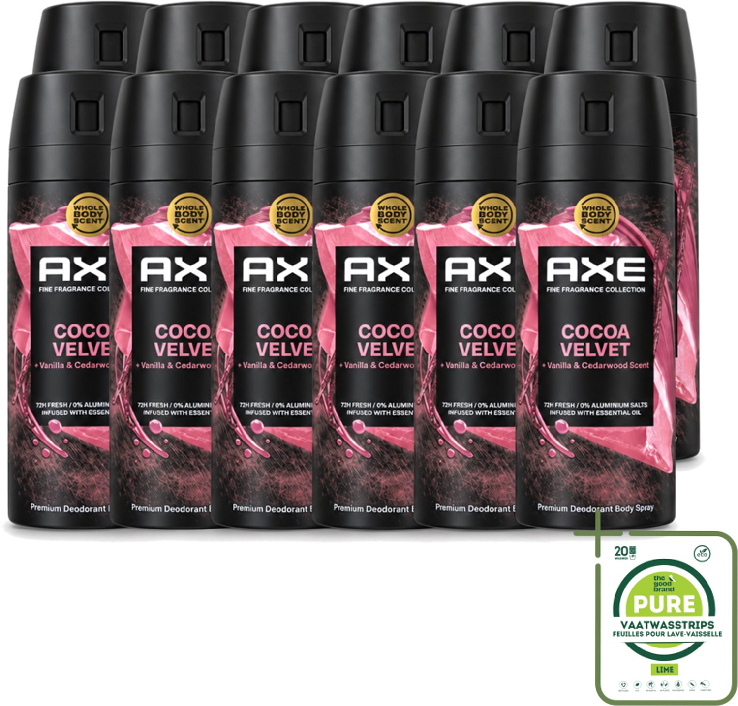 12 x Axe – Deodorant – Cocoa Velvet – 150 ml - Grootverpakking - Vaatwasstrips - Cocoa Velvet - Deodorant Bodyspray - Frisheid - Geur - Lichaamsgeur