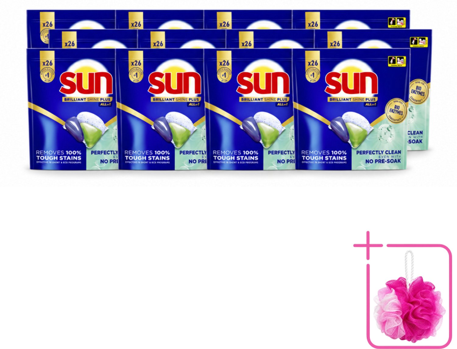 12 x Sun – Vaatwascapsules – Brilliant Shine+ All-in-1 - 26 capsules - Bulkverpakking - Vaatwasmiddel - Douchemop - Vaatwascapsules