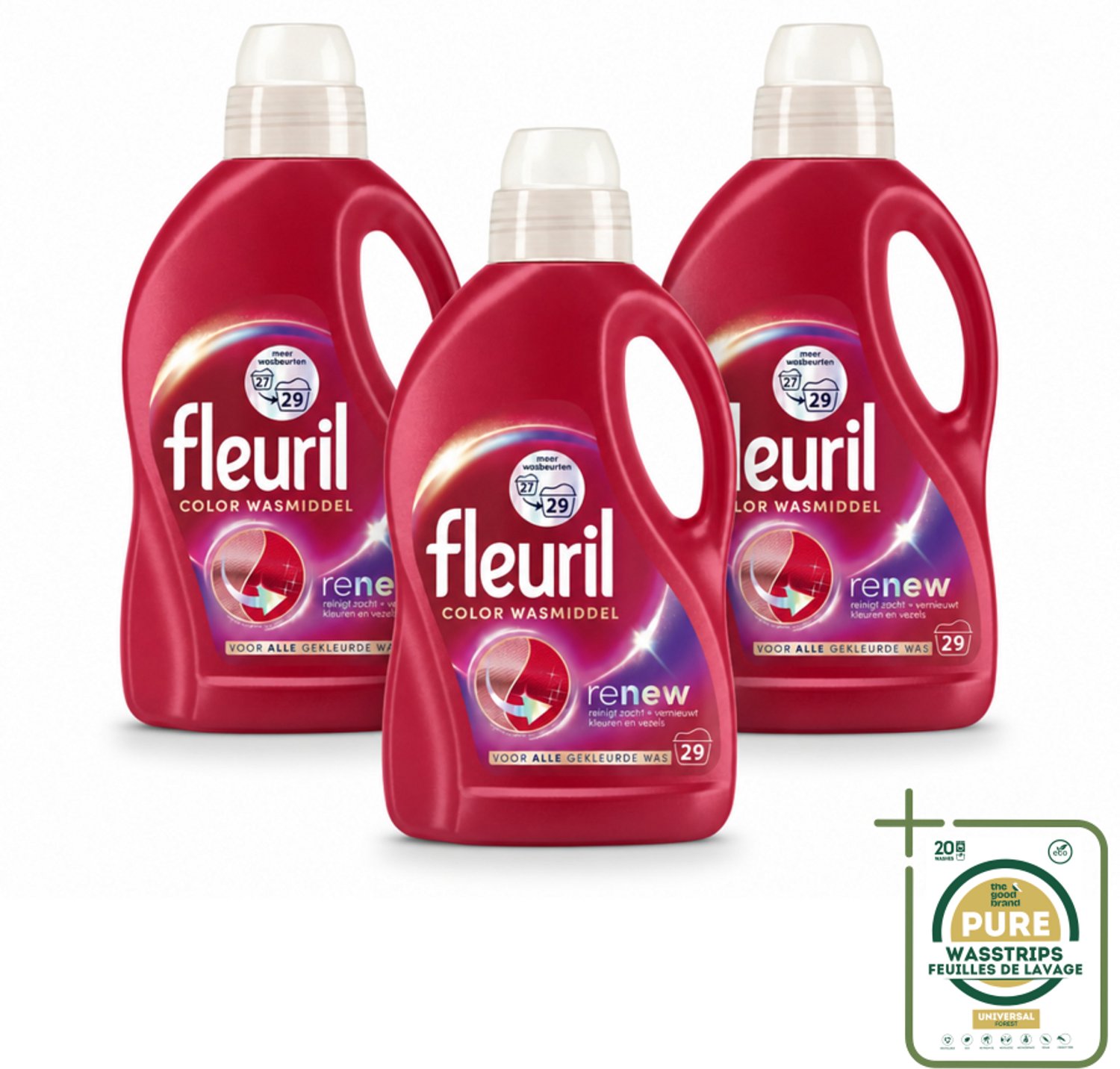 3 x Fleuril – Wasmiddel - Color – 29 wasbeurten – 1,305 L - Wasstrips - Kleurbehoud - Wasmiddel Voor Gekleurde Kleding - Kleurprotektie - Vlekverwijdering - Wasmiddel Voor Textiel