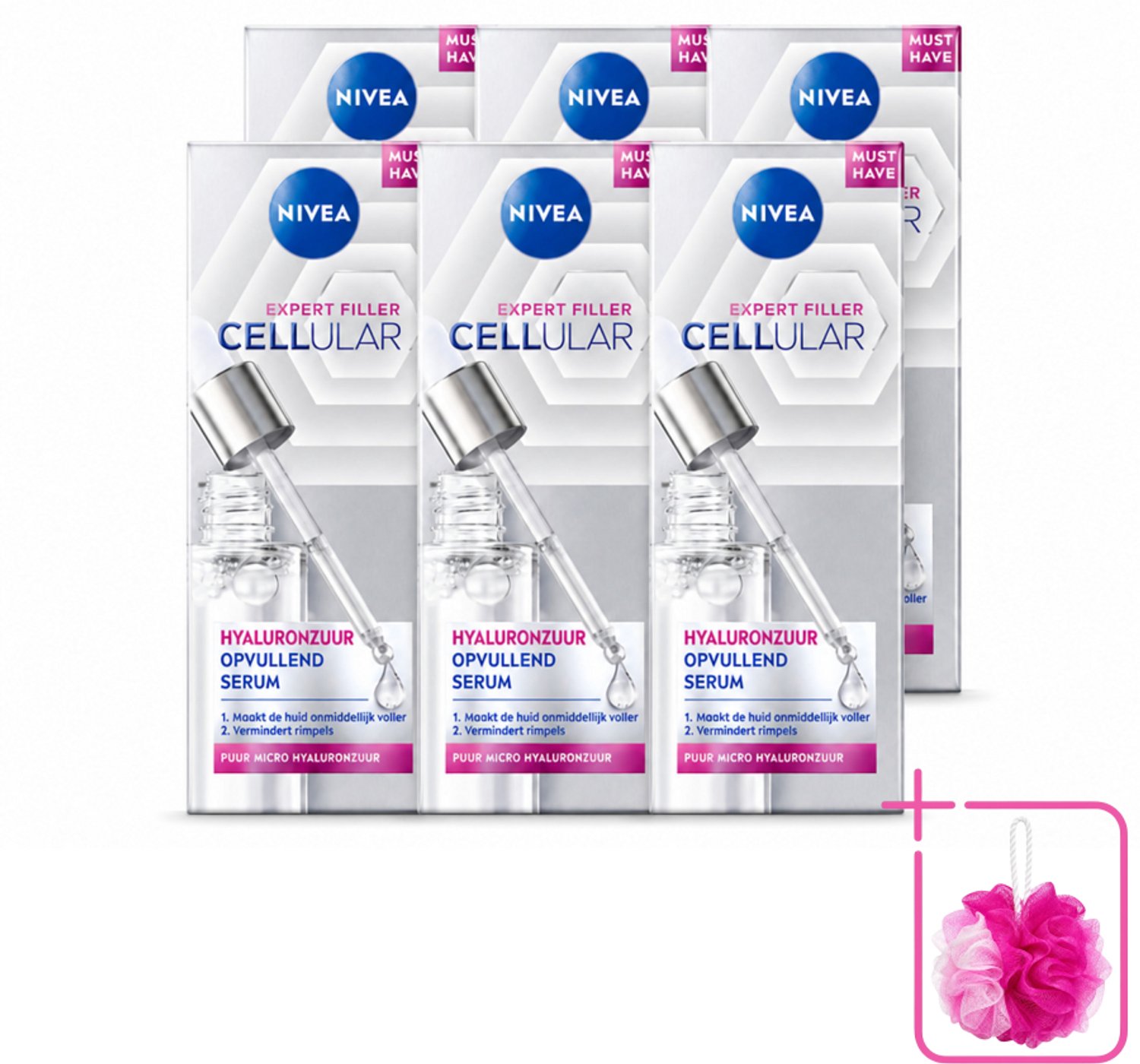 6 x Nivea - Cellular - Expert Filler Hyaluronzuur Serum - Rimpelvullend en Hydraterend - 30 ml - Bulkverpakking - Hyaluronzuur serum - Douchemop - Rimpelvulling