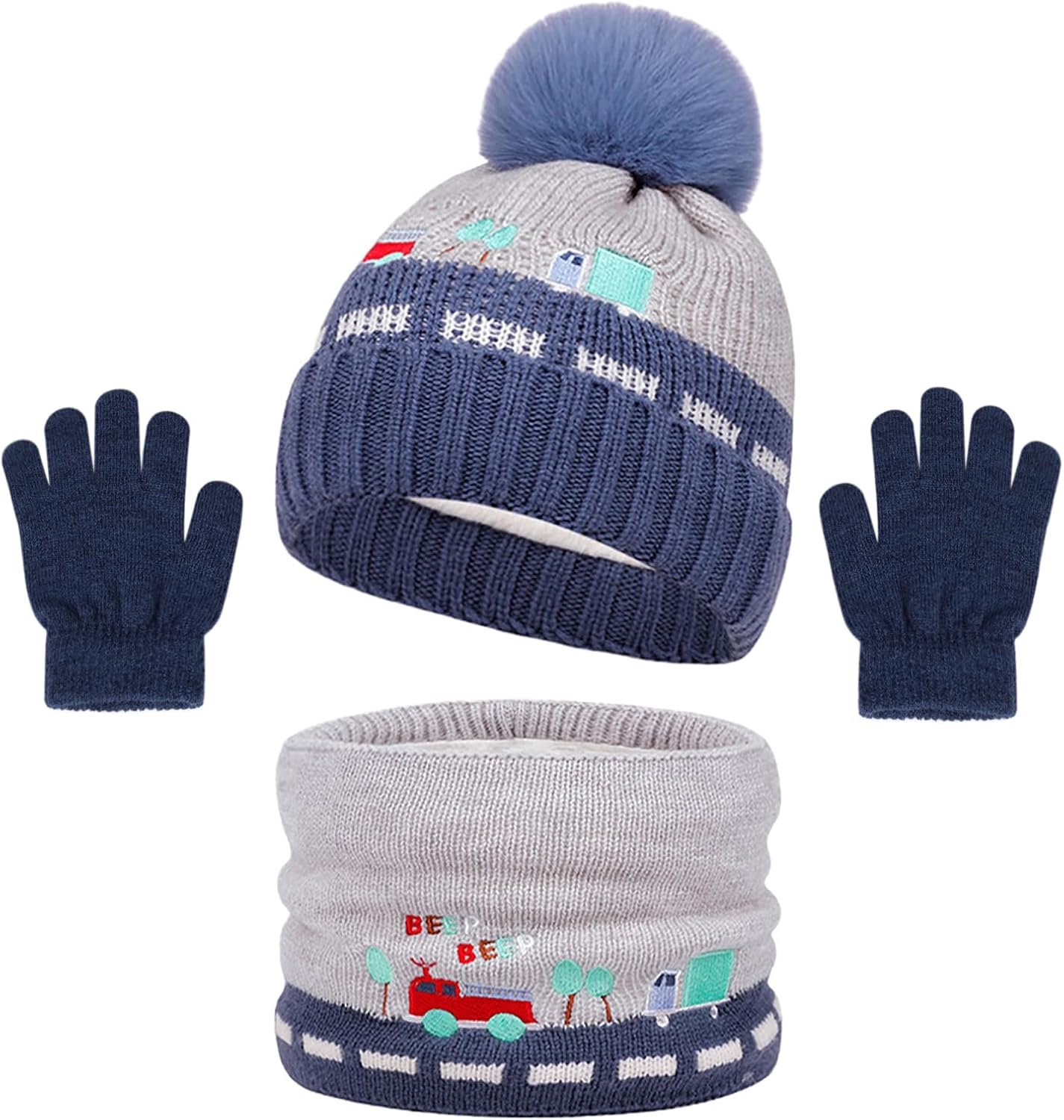 Baynetin Kinderwintermuts, nekbescherming, handschoenen, set – jongens meisjes strepen warme pompon beanie muts fleece voering dubbel gevoerd thermo-gebreide kleding tegen kou voor peuters 2-8 jaar