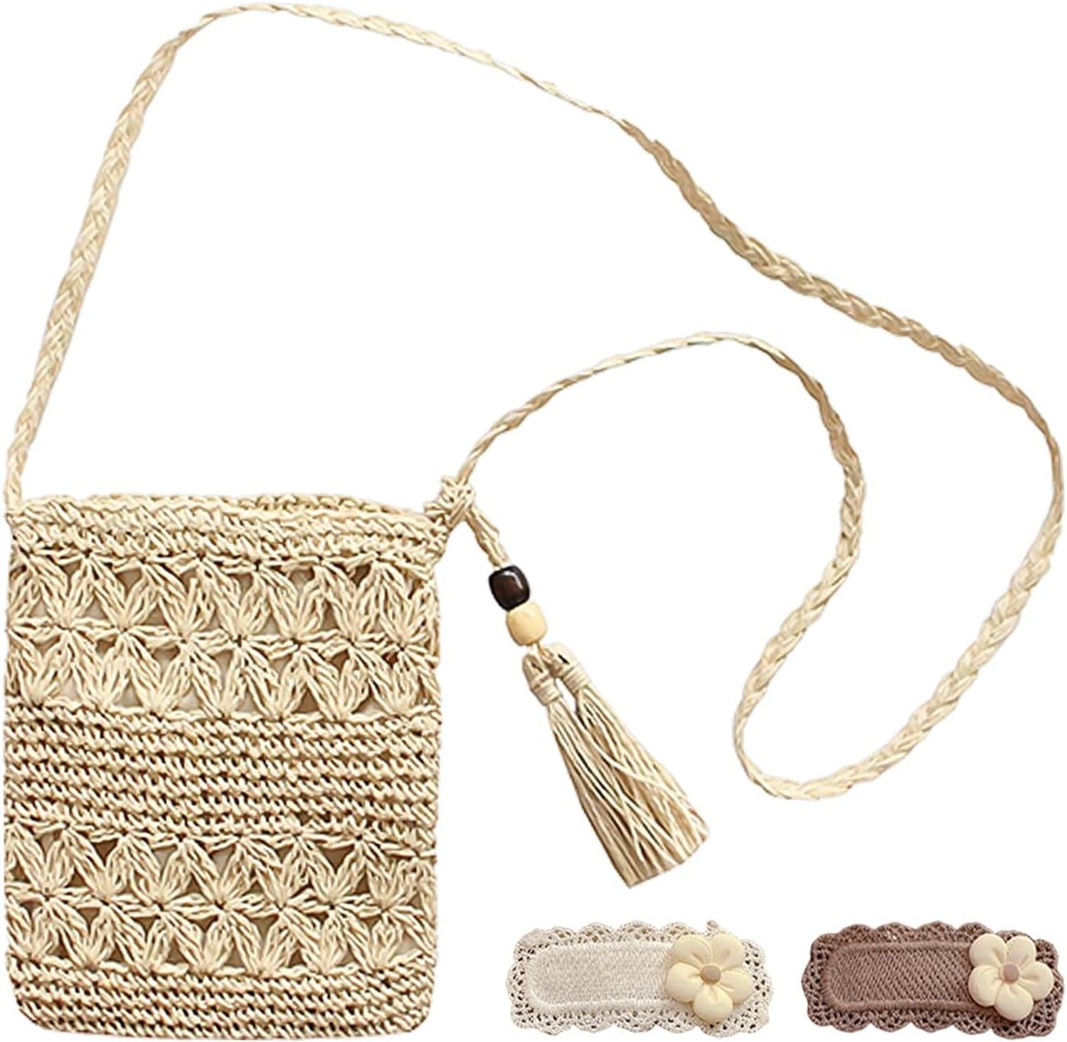 1 Stuk Beige Tassel Tas En 1 Paar Haarspelden, Retro Stijl Handgemaakte Stro Tas, Modieuze En Veelzijdige Schoudertas, Geschikt Voor De Zomer Reizen, Strand Vakantie Scènes.