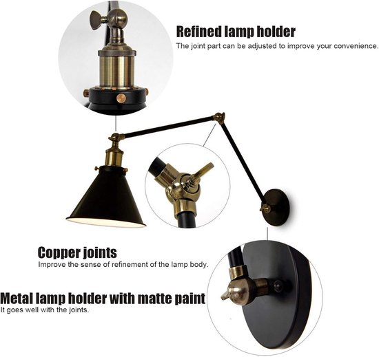 Vintage Industriële Zwenkarm Wandkandelaar Verstelbaar Nachtkastje Leeslamp voor Woonkamer Slaapkamer Hal Keuken Zwart Ijzer AC85-265V — afbeelding 3