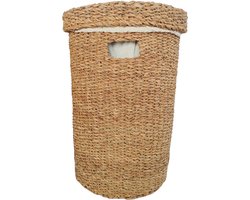 Ronde wasmand met deksel – zeegras – 38 liter – met waszak – naturel