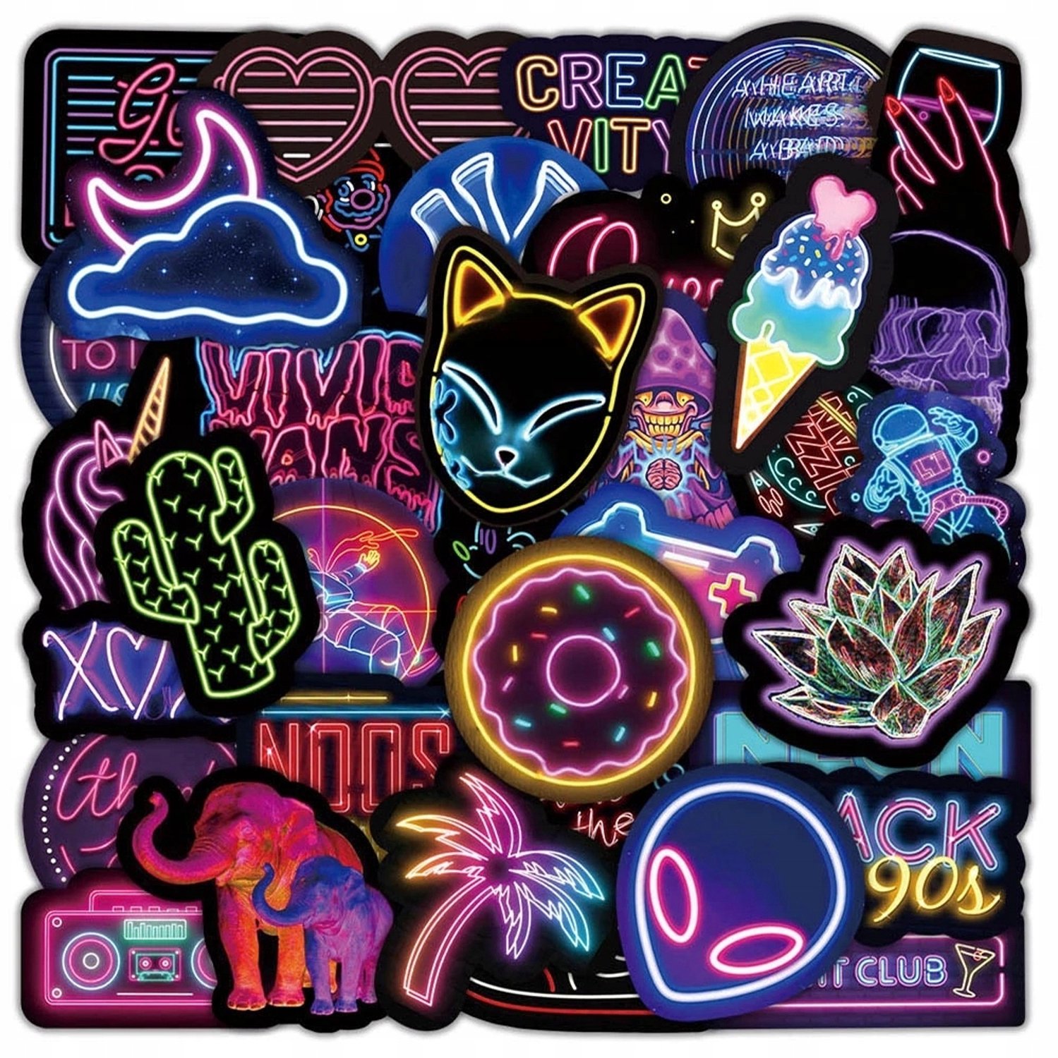 50x Neon Zwarte Mix Stickers - Waterdicht voor Fiets, Laptop & Koffer