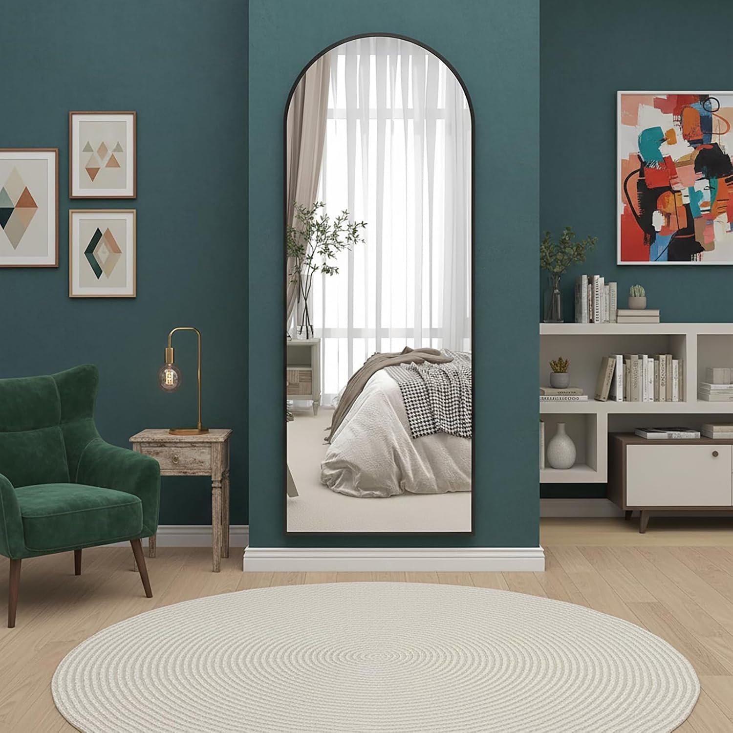 Volledige spiegel met gebogen vloerspiegel, frame van aluminiumlegering, gehard glas, voor slaapkamer, woonkamer, kleedkamer, Kerstmis, zwart, 165 x 57 cm, 165 x 57 cm (l x b)