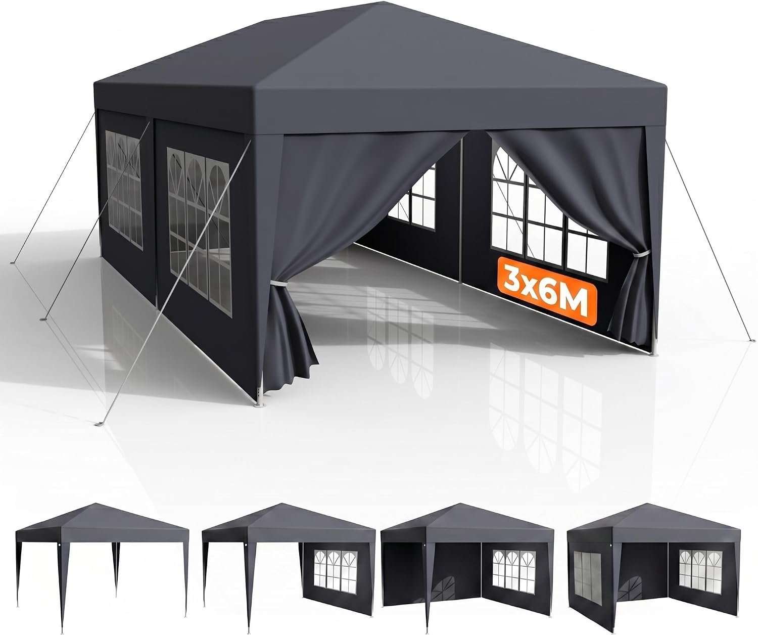 Opvouwbaar paviljoen, 3 x 6 m, waterdicht, stabiel, winterbestendig, met afneembare zijpanelen, uv-bescherming en winddicht, tuinpaviljoen, partytent, voor markt, festival