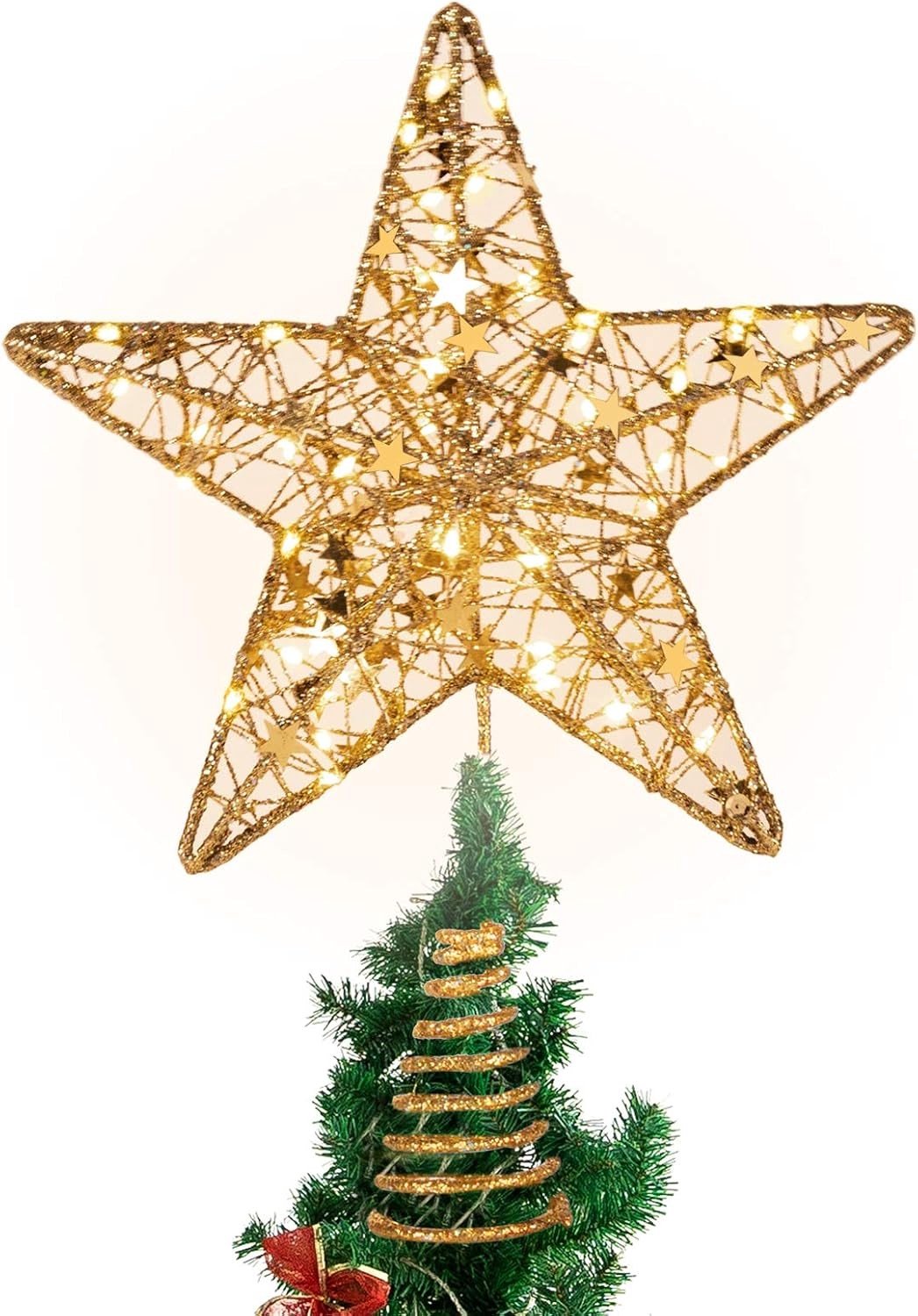Kerstboomster met 30 LED-lampjes en kant voor feestelijke kerstdecoratie - 31 cm goudkleurig
