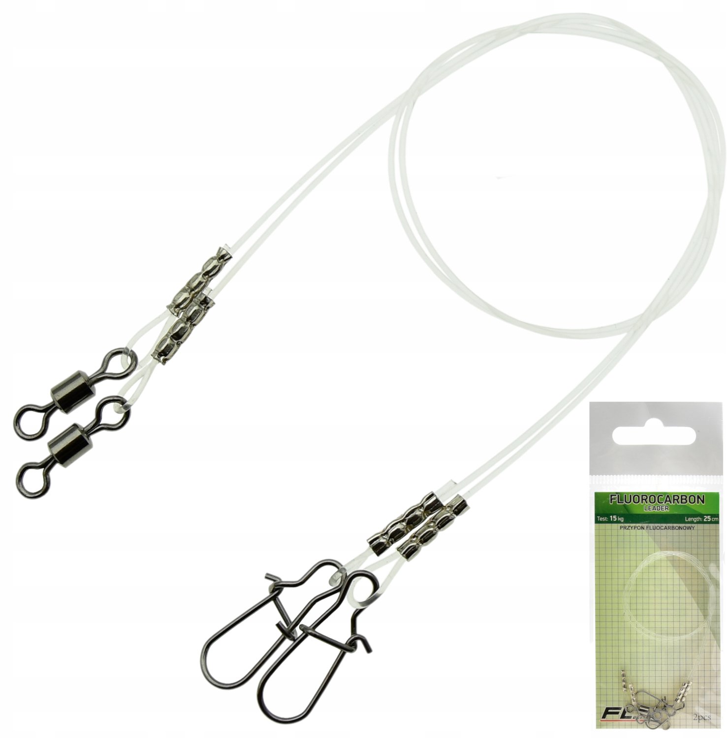 Fluorocarbon Onderlijnen 25cm 15kg - 2 stuks met wartel & clip
