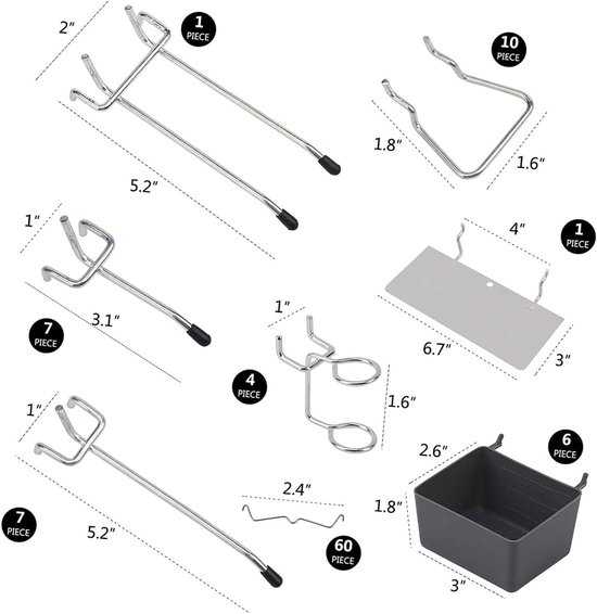 140 Stuks Metalen Pegboard Haken Organizer Assortiment Kit, 15 Stijlen met 60 Peg Sloten Haken Bakken Gereedschapsrek, Geschikt voor 1/8 1/4 Inch Pegboards voor Garage Werkplaats (140Pcs) — afbeelding 3