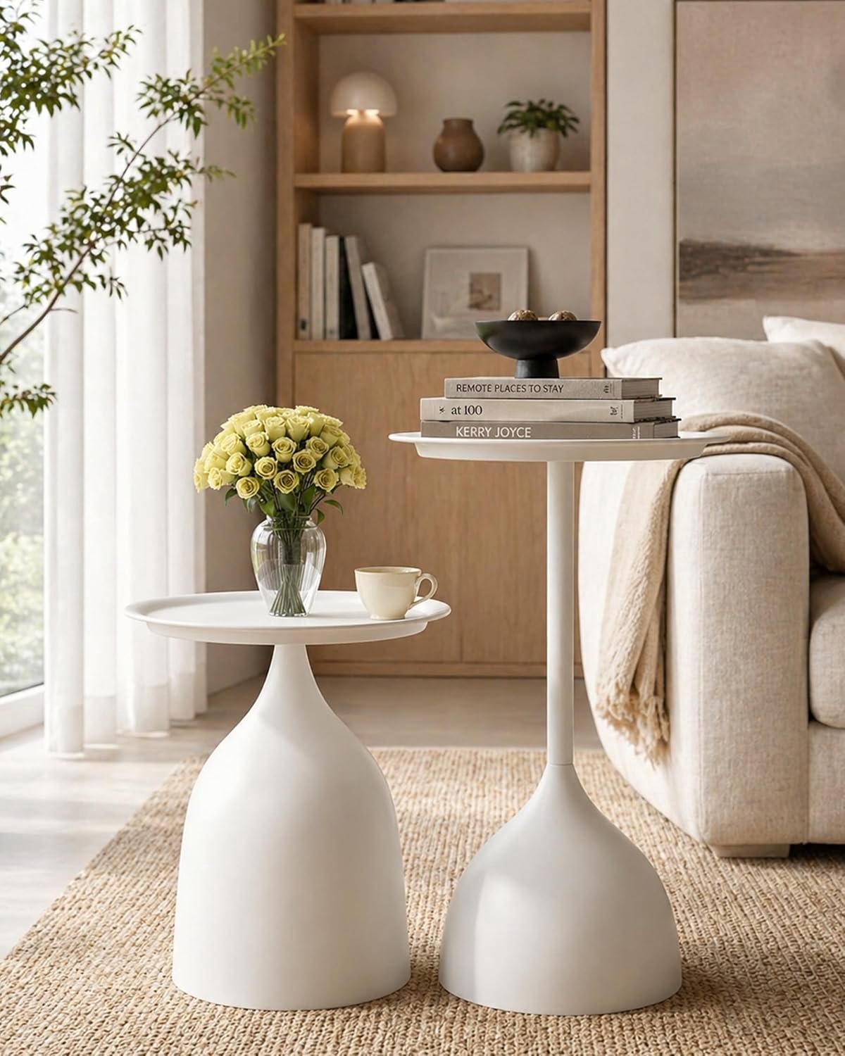 Set van 2 witte bijzettafels van metaal, rond design, kleine salontafel of bijzettafel voor bank voor woonkamer of tuin, moderne bijzettafel voor kleine ruimtes, hoogte 42/60 cm
