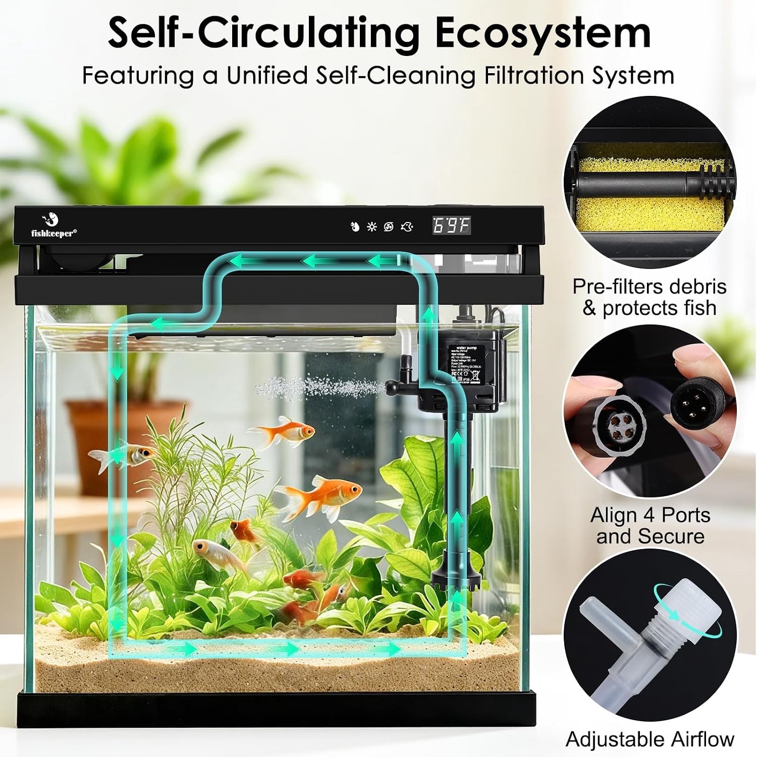 Complete 5-in-1 Mini Aquarium Starter Set met LED Verlichting, Automatische Voeding en Zelfreinigende Pomp, 8.6L Nano Aquarium voor Beginners met Aromatherapie en Onderhoudsgemak thumbnail 2
