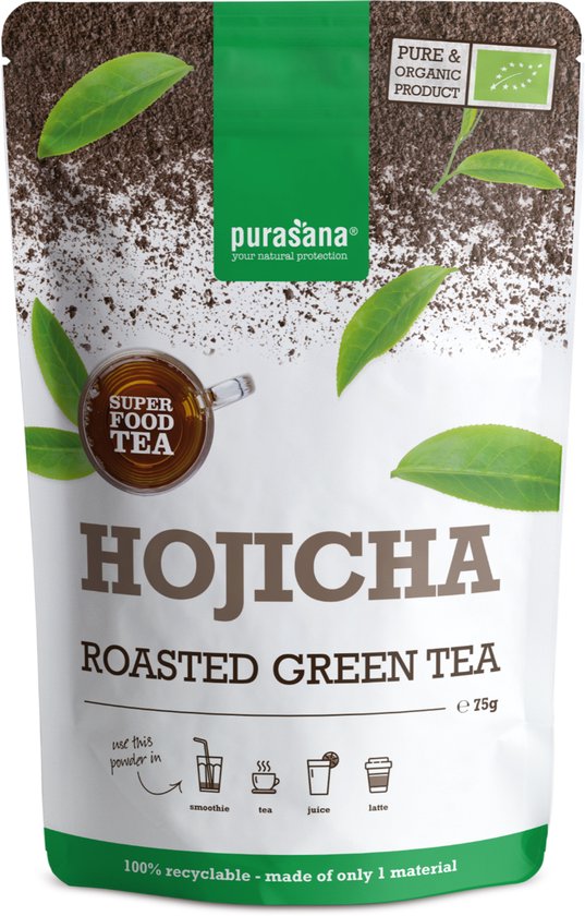 Purasana Hojicha geroosterde groene thee poeder in een zak van 75g. Met "Super Food Tea" logo en aanbevelingen voor gebruik in smoothies, thee, sap of latte.