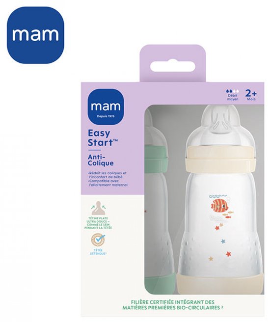 Set van 2 Babyflessen - MAM - Easy Start - Klassiek Anti-Koliek - 260 ml - Doorstroomsnelheid 2 spenen - Mint + Katoen — afbeelding 2