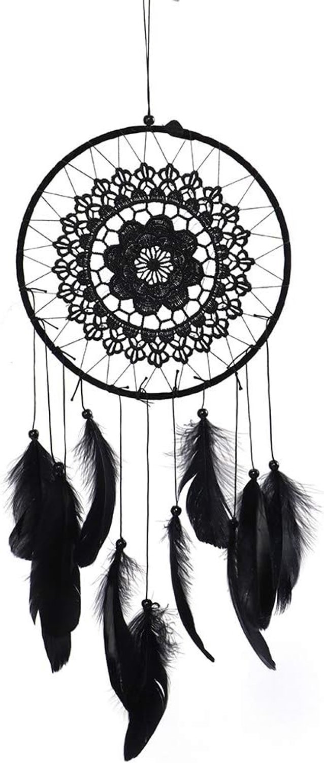 Dromenvanger zwart, handgemaakte kanten dromenvanger, boho-wanddecoratie | Veer slinger, hangdecoratie, voor bruiloft, slaapkamer, feest, boho-stijl, kanten detail