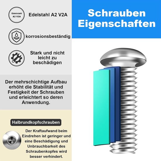 60 stuks M6 x 12 mm lenskopschroeven, binnenzeskant, platte kopschroeven, M6 roestvrijstalen schroeven, volledige schroefdraad, halfronde kopschroeven met binnenzeskantsluiting — afbeelding 3