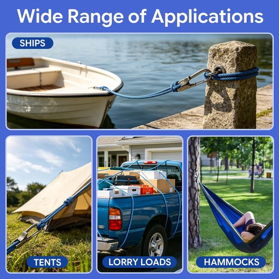 6 stuks touwspanners van metaal + 6 stuks touw 3 mm x 5 m, touwspanner met touwrol, touwspanner camping met gevlochten touw, geschikt voor camping, luifels, boottochten, hangmat, zonder knopen — afbeelding 4