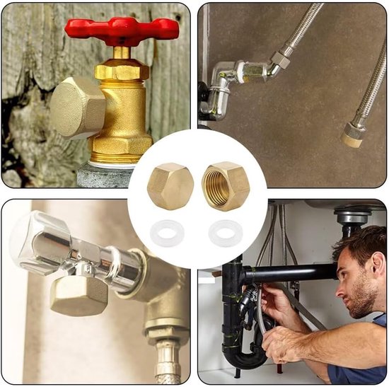 2 stuks blinde stoppen, afsluitdop 3/8 inch met rubberen afdichtingen, messing kap zeskant, slangdoppen, schroefdop voor tuin, waterleiding — afbeelding 4
