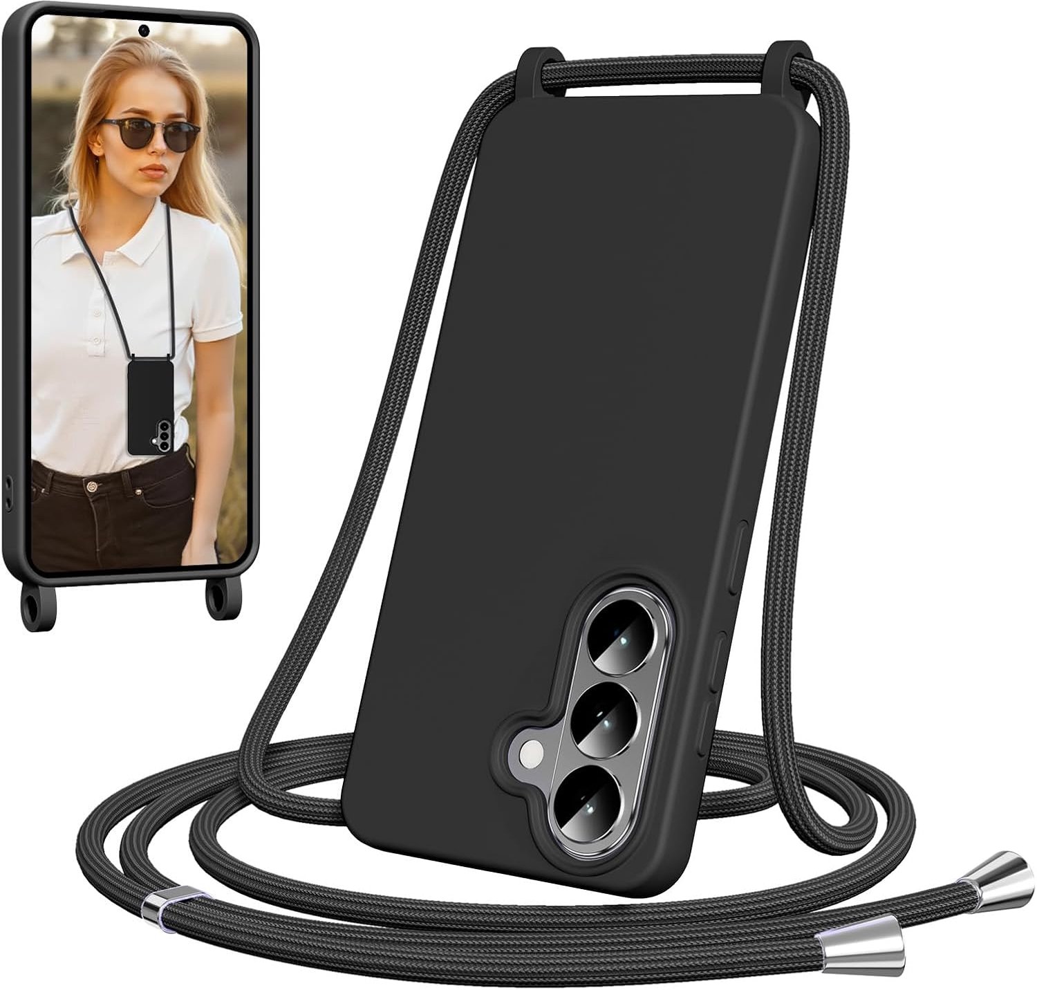 Beschermhoesje voor Samsung Galaxy S26 5G met koord, zachte TPU-siliconen hoes met schouderriem, verstelbaar en afneembaar, schokbestendig, krasbestendig, zwart