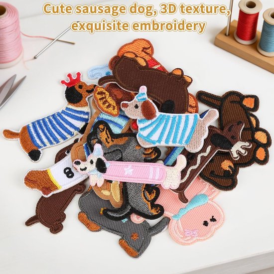 15 stuks opstrijkbare patches teckel, patch om op te strijken, opplakken | of naaien, schattige geborduurde strijkpatches voor textiel, teckelstickers voor jeans, kleding, hoed, rugzak, canvas — afbeelding 3