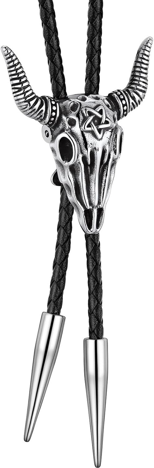 Bandmax Bolo Stropdas Western Leer, Bolo Tie Heren met Satanische Ram Roestvrij Staal Bolo Stropdas Cowboy, Taille unique, Niet-kostbaar metaal, Geen edelsteen