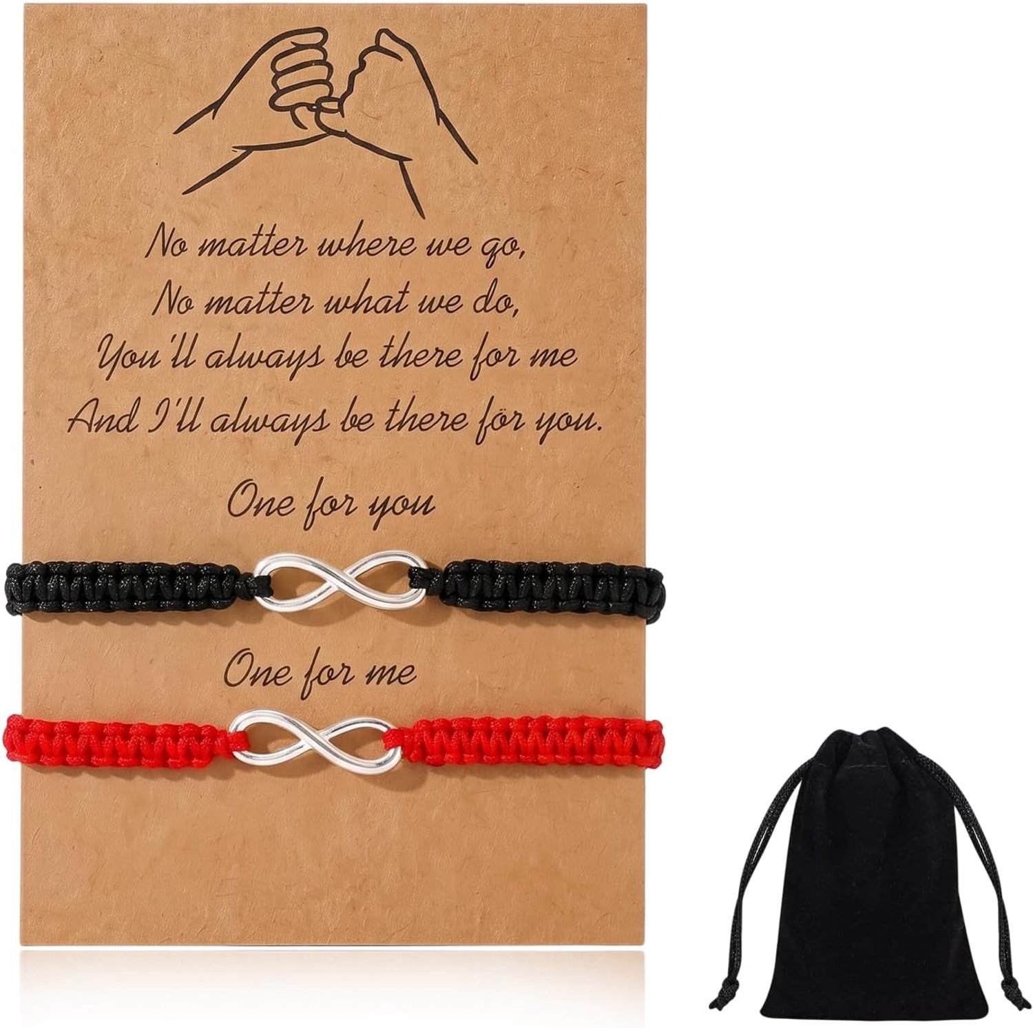 Oneindigheidsarmband voor koppels voor 2 – set van 2 gemeenschappelijke gevlochten armbanden, rood en zwart, sieraden voor koppels, verstelbaar, met fluwelen zakje, cadeau-idee voor verjaardag