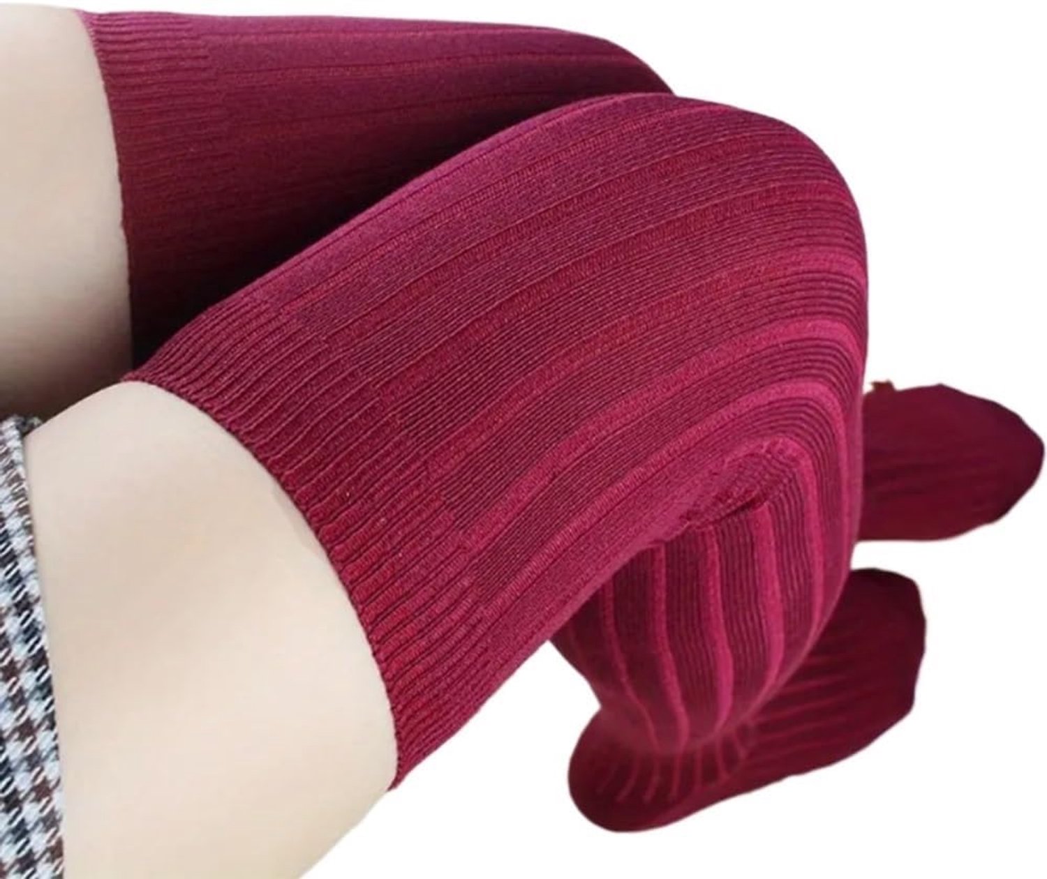 1 paar dameskousen, warme overkneesokken, zachte katoenen gaiters, gestreepte lange dijkousen(Burgundy)