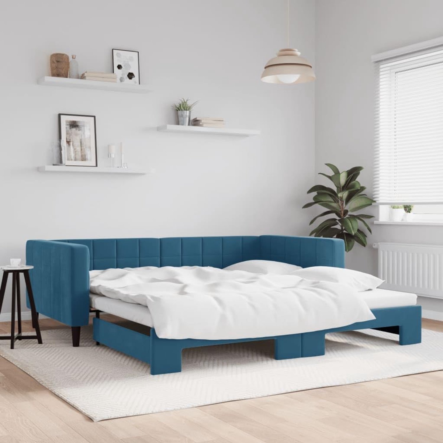Dagbed, uittrekbaar bed, blauw, 100 x 200 cm, fluweel, bedframe, voor woonkamer, hotel, slaapkamer