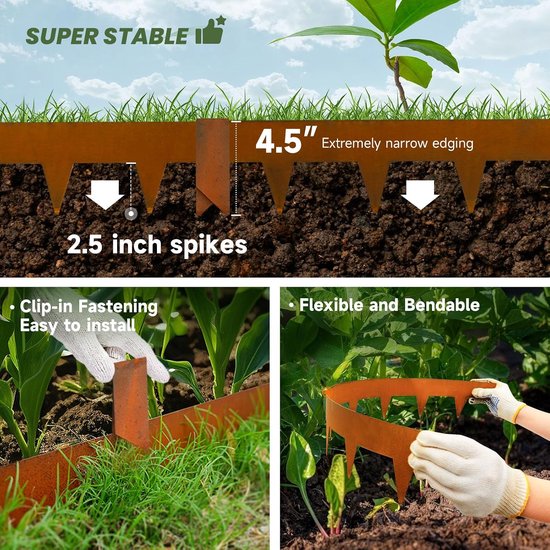 Cortenstaal Landschapsranden-4.5" H X 40" L Metalen Tuinrand-33FT-Landschap Gazonranden 10 Stks-No-Graven Hamer Heavy Duty Stalen Rand-Buigbare Grensstroken voor Gazon Yard GJWCVL-10 Clips — afbeelding 5