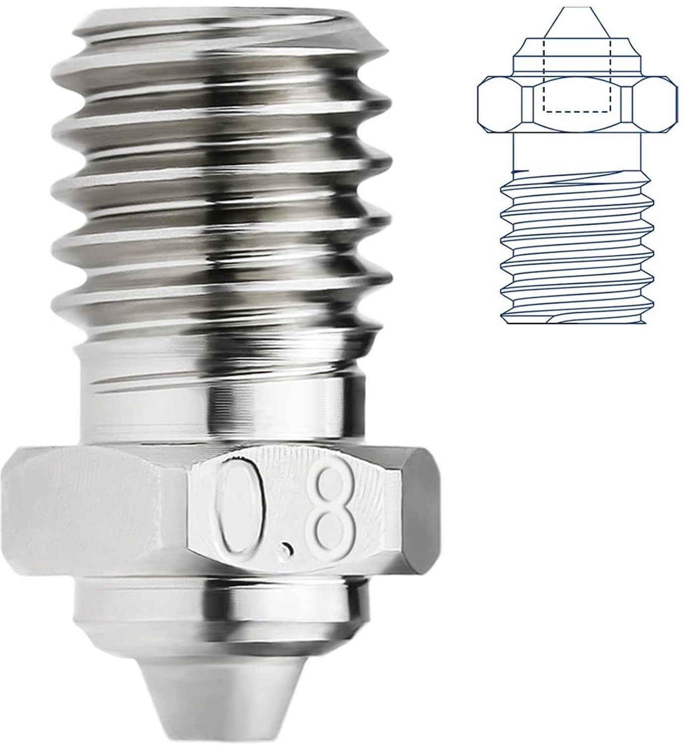 Upgrade V6 bimetalen mondstuk, 0,8 mm, gehard staal, gecoat koper, compatibel met 1,75 mm V6 Hotend Prusa I3 MK3S Anycubic Mega S Vyper 3D-print PEI PEEK of koolstofvezelfilament (0,8 mm)