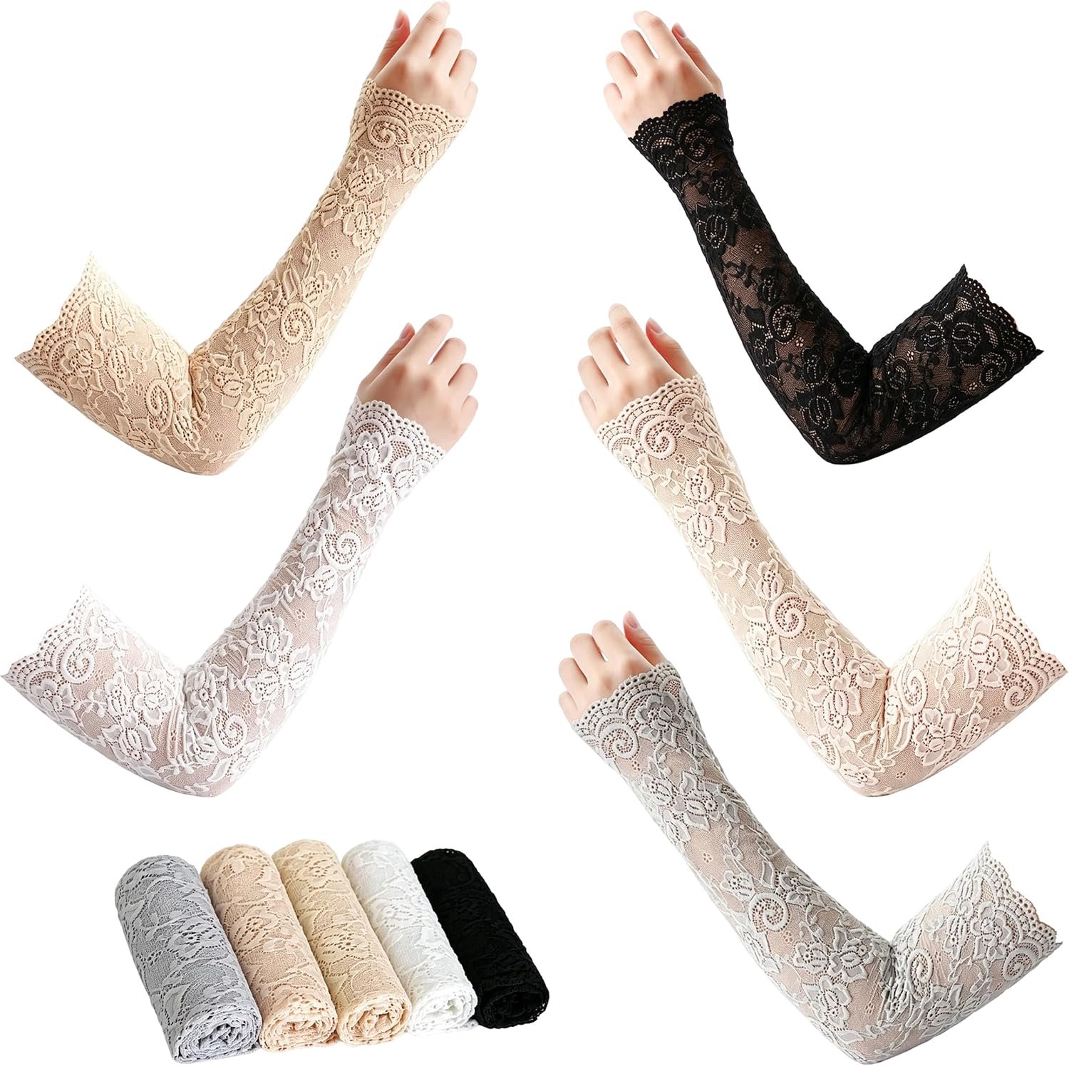 5 Paar Kanten Mouwen, Meerkleurige Armwarmers van Kant, Vingerloze Kanten Armwarmers van Nylon met Bloemdetails voor Dames bij Bruiloften en Feesten op Zomeravonden