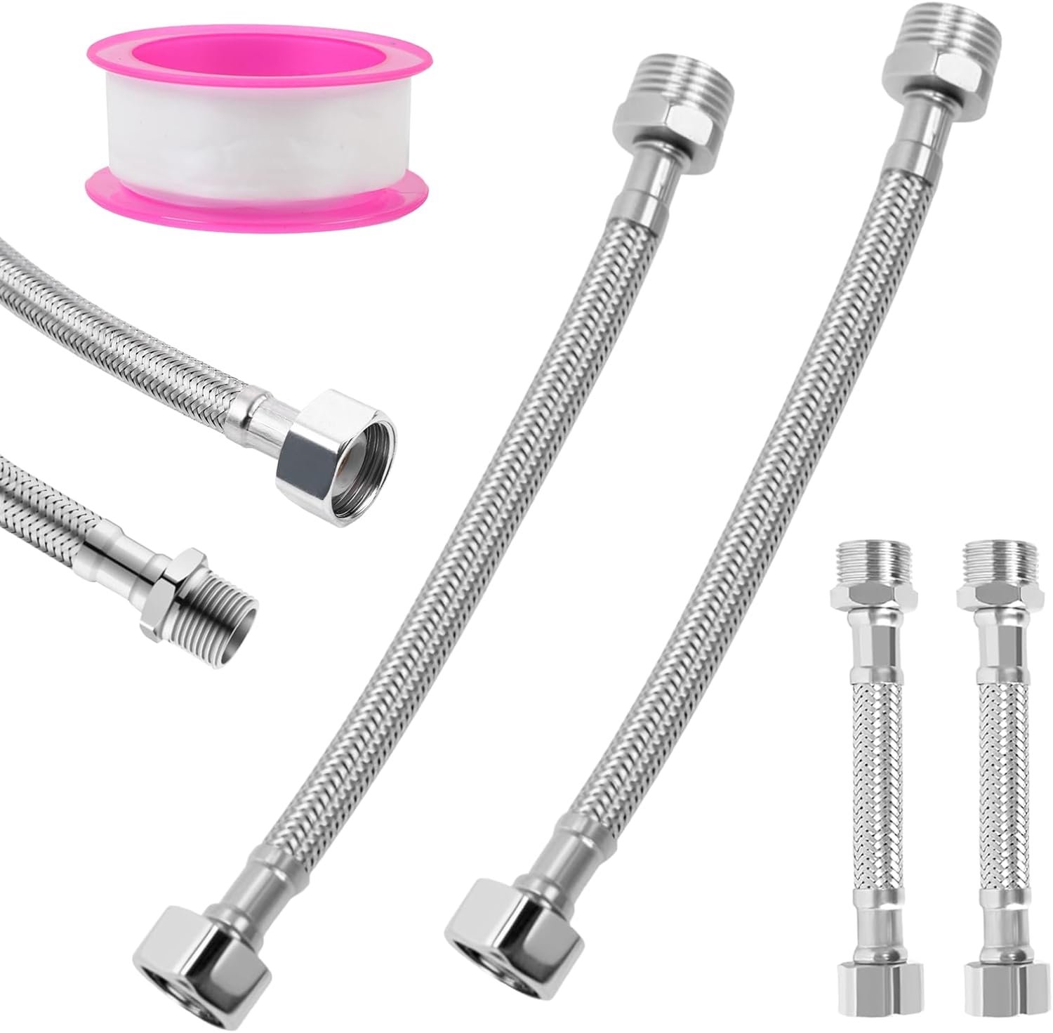 4 stuks flexibele slang 3/8 waterslangverlenging, G3/8 roestvrij staal, gevlochten flexibele kraanslang voor waterkraan, hoekventiel, waterverwarmer (
