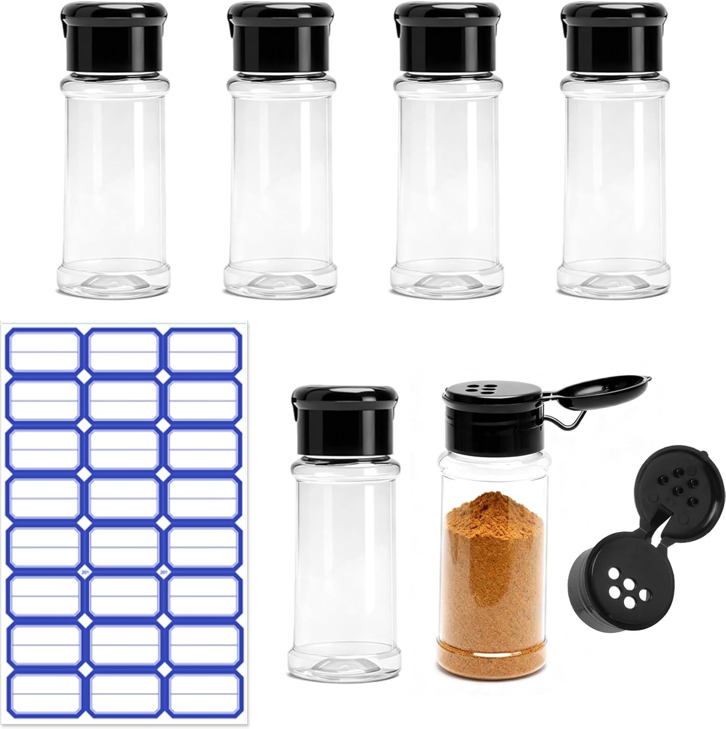 Set van 6 Kruidenshakers van 100ml, Transparante Kruidpotjes met Labels, Ideaal voor Keuken en Camping, Organiseer je Specerijen Efficiënt