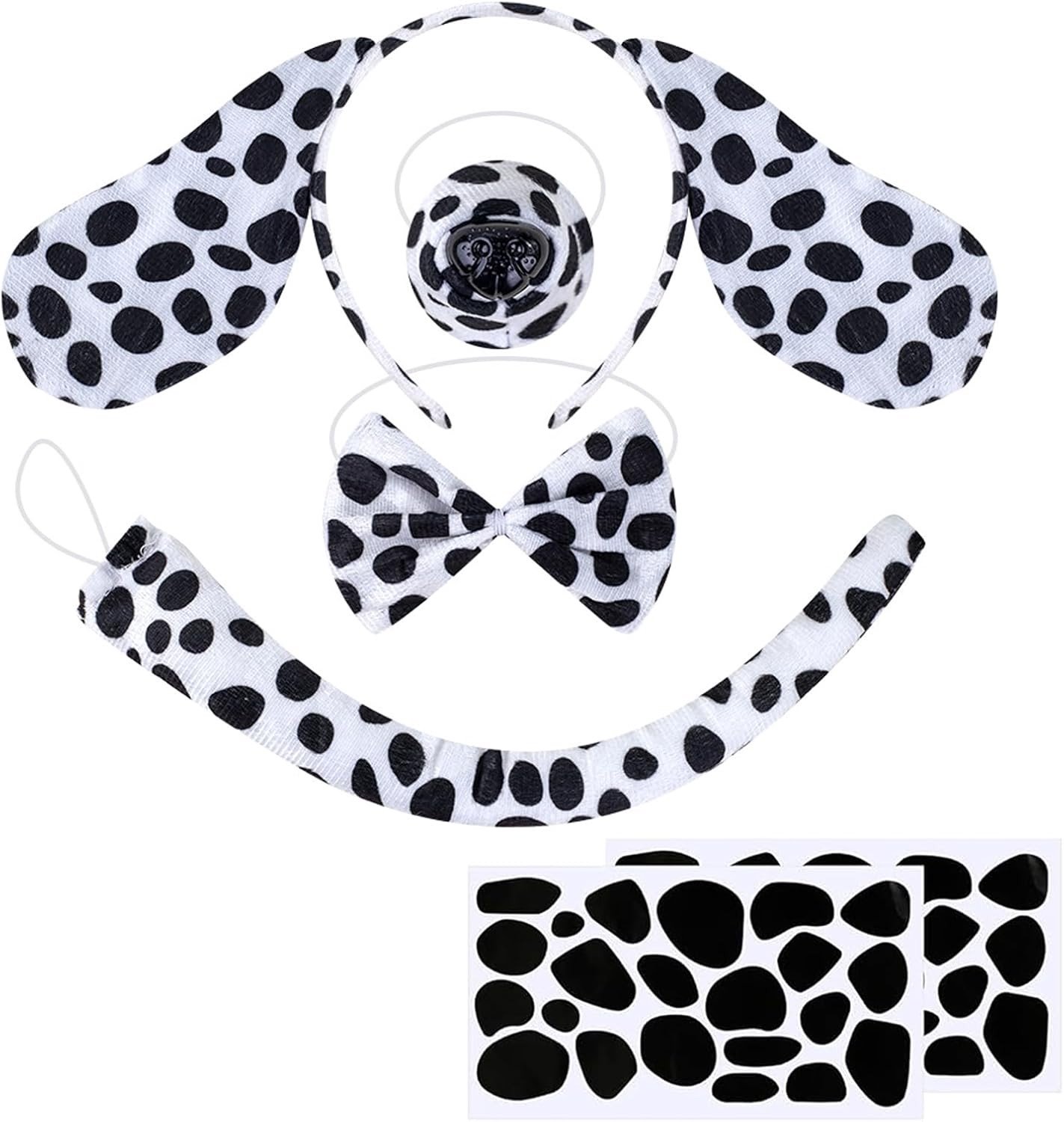 Dalmatian Kostuum Set met 6 Accessoires voor Kinderen en Volwassenen - Hoofdband, Strik, Staart en Zelfklevende Papieren Decoraties voor Halloween en Verkleedfeest