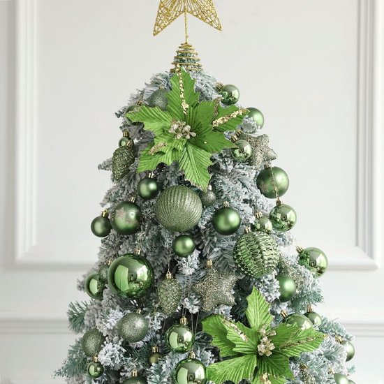 53 stuks groene kerstbal ornamenten set, glitter groene hangende bollen ornament met kunstmatige kerstbloemen voor kerstboom, nieuwjaar, vakantie, feestdecoraties (groen) — afbeelding 5