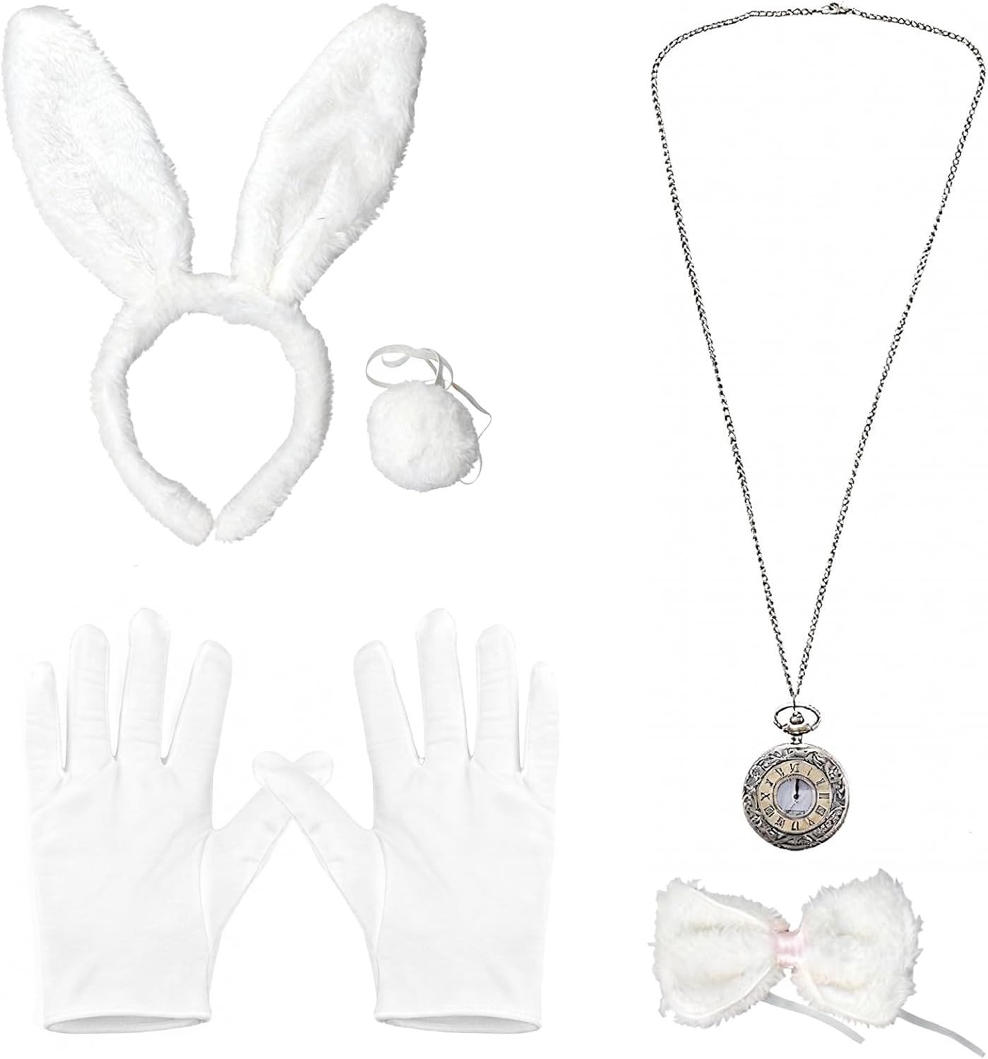 Vijfdelige set witte konijnenkostuumaccessoires voor volwassenen met konijnenoren, strik, staart en handschoenen voor Halloween en carnaval