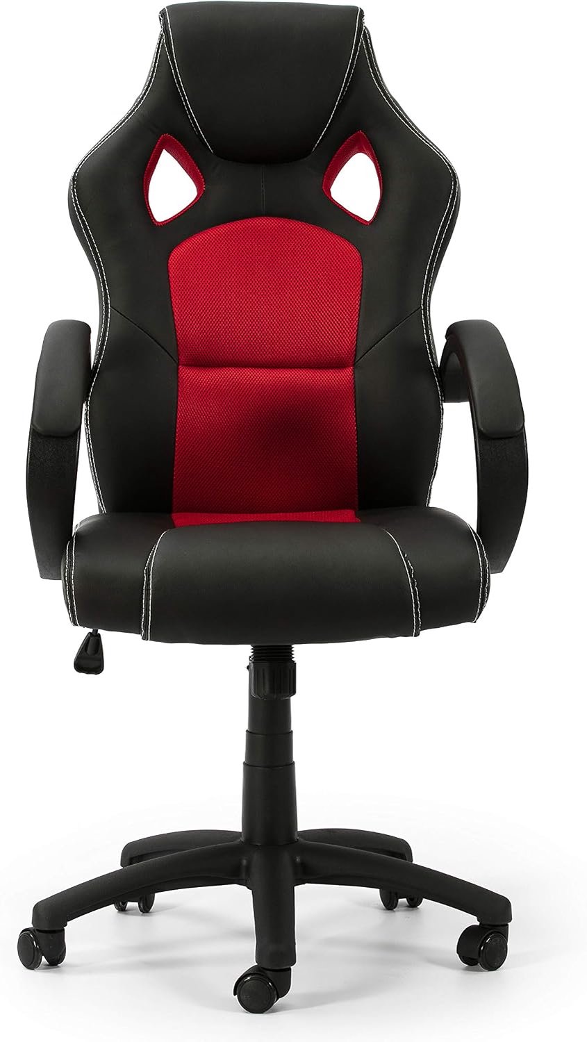 Venta-stock Kantoor fauteuil Hamilton, tillen en liggen, bekleed met synthetisch leer en mesh stof, zwart en rood kleur, gewatteerde armleuningen